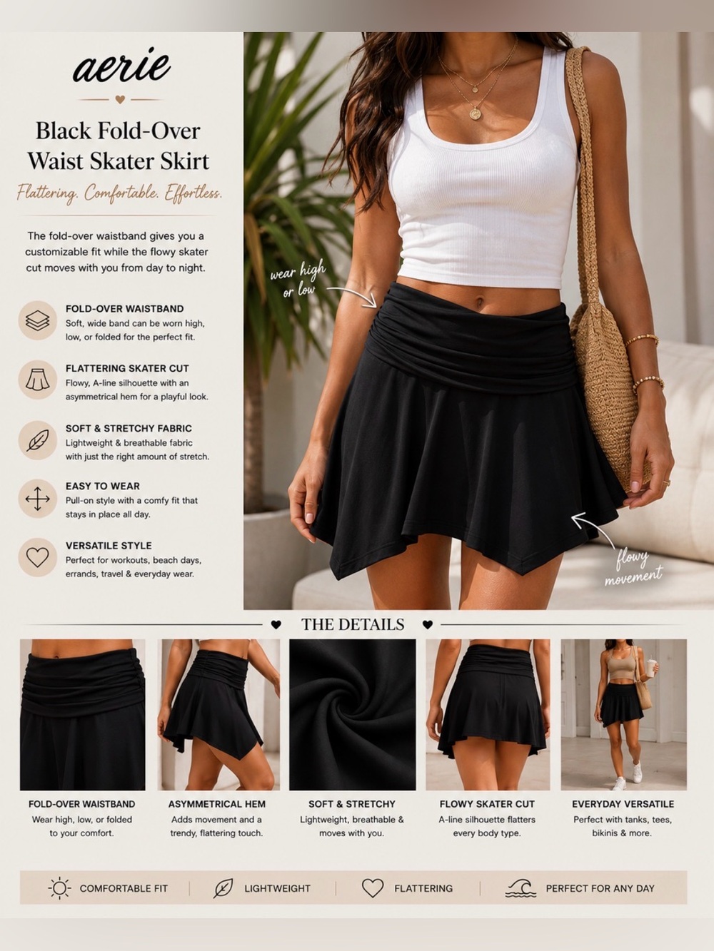 aerie Black Fold-Over Waist Skater Skirt
